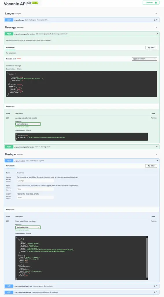 API Voconix aperçu de la documentation